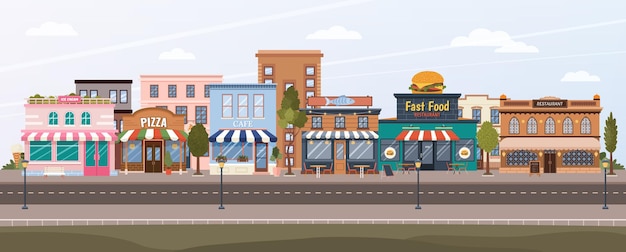 Panorama of modern city Cityscape with municipal buildings ice cream fast food