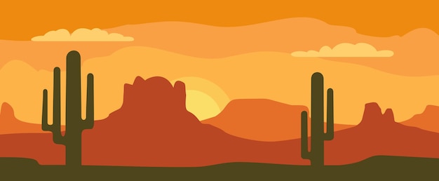 Vector panorama mountains and sunset sky with cactus. vector flat illustration