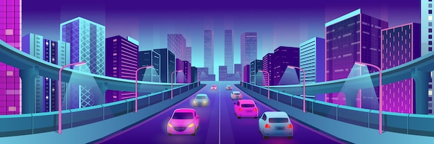 Città al neon panoramica con case luminose, cavalcavia, strade e automobili.