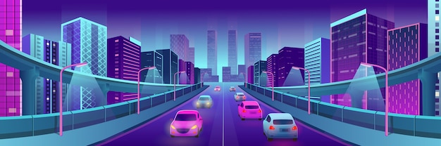 Panorama neon stad met heldere huizen, viaducten, weg en auto's.