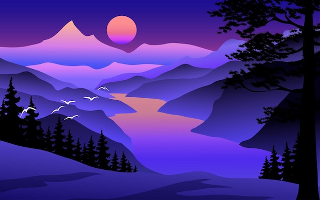 Vector panorama of night mountain river from hill top