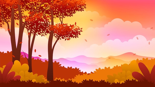 Панорама осеннего пейзажа с деревьями на холме с теплым цветовым оформлением