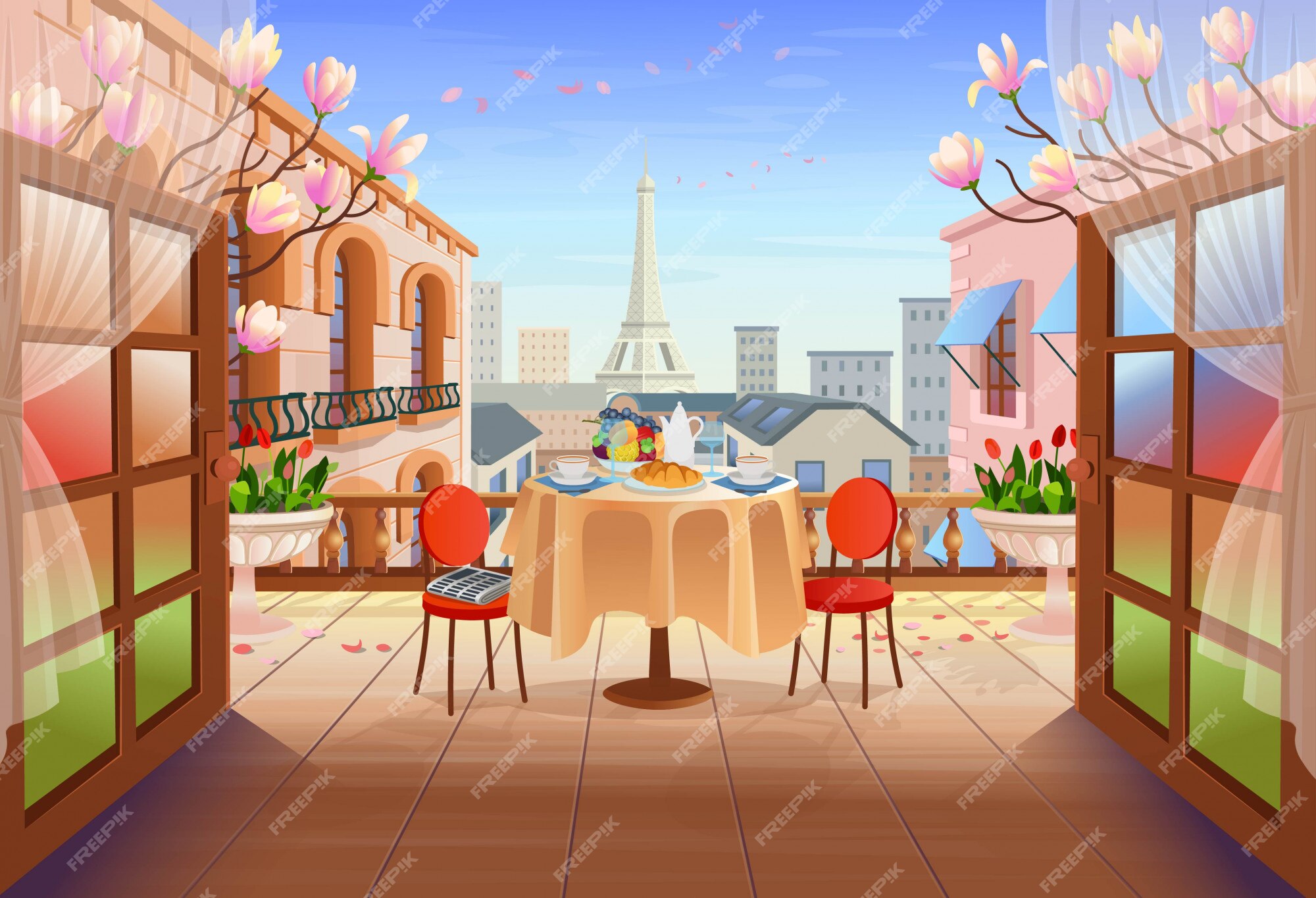 Premium Vector | Panorama paris street with open doors, table with chairs,  old houses, tower and flowers. exit to the terrace with city view  illustration of city street in cartoon style.