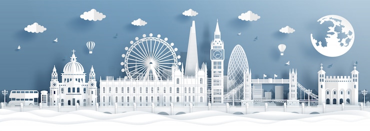 Panorama postcard and travel poster of world famous landmarks of London, England in paper cut style