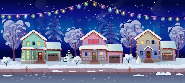 Панорама дороги по улице с домами и гирляндами. Рождественская открытка. Векторная иллюстрация зимней городской улицы в мультяшном стиле.