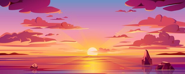 Vector panorama of sea sunset or ocean sunrise water sky