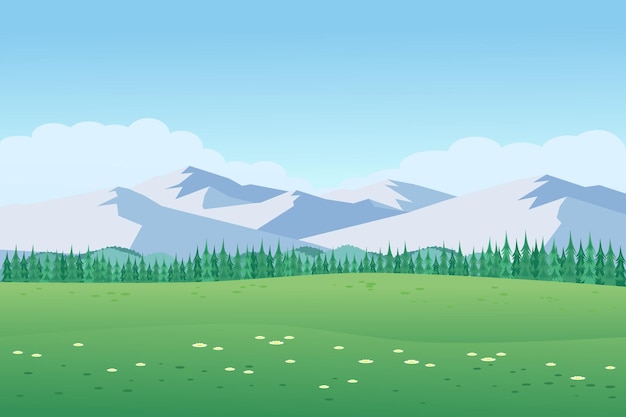 Panorama of spring summer beautiful nature green grasslands meadow forest and mountains on horizon background landscape vector illustration