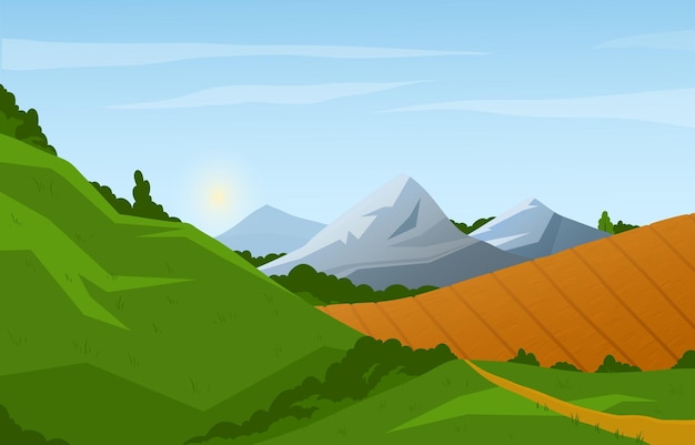 Vector panorama of spring and summer landscape with majestic mountains hills and fields rural nature with