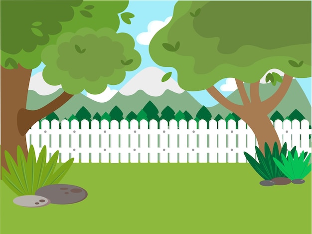 Vector panorama summer landscape with fence and trees