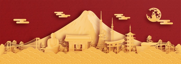 Panorama of Tokyo, Japan in paper cut style