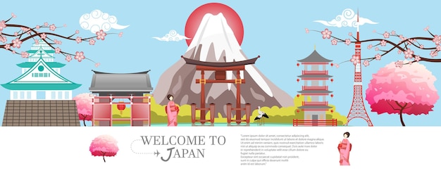 Vector panorama travel postcard, tour advertising of japan. vector illustration.