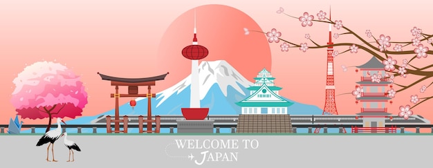 Vector panorama travel postcard, tour advertising of japan. vector illustration.