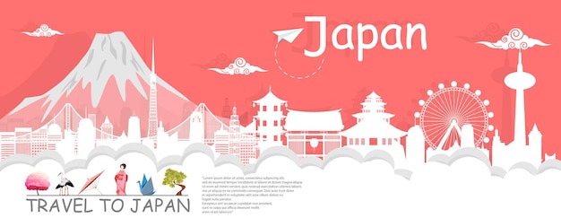 Vector panorama travel postcard, tour advertising world famous landmarks of japan, paper cut style - vector illustration.