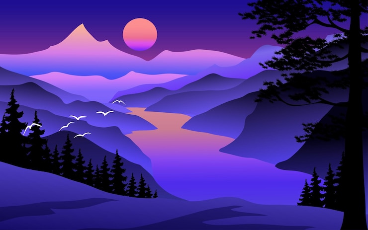 Vector panorama van de rivier van de nachtberg vanaf heuveltop