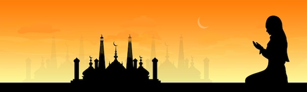 Panorama van ramadan kareem ramadan mubarak de vrouw bidt arabische nacht met halve maan