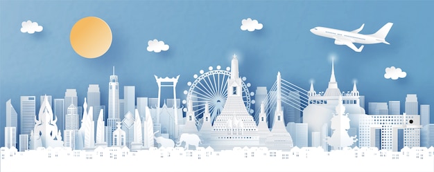 panorama view of bangkok, thailand and city skyline with world famous landmarks