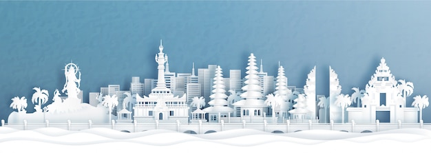 Panorama view of Denpasar, Bali Indonesia skyline with world famous landmarks of Indonesia in paper cut style illustration.