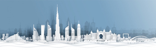 Panorama view of Dubai and city skyline with world famous landmarks in paper cut style