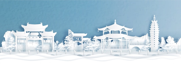 Panorama view of Kunming city skyline with world famous landmarks of China in paper cut 