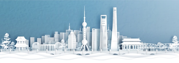 Vector panorama view of shanghai, china city skyline s in paper cut style vector illustration.