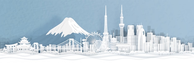 Vector panorama view of tokyo city skyline with world famous landmarks