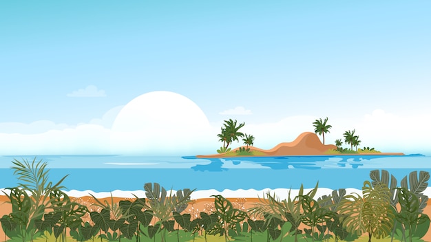 Панорамный вид тропический морской пейзаж голубого океана и кокосовой пальмы на острове, панорамный морской пляж и песок с голубым небом, векторная иллюстрация плоский стиль природа побережья на летний отдых
