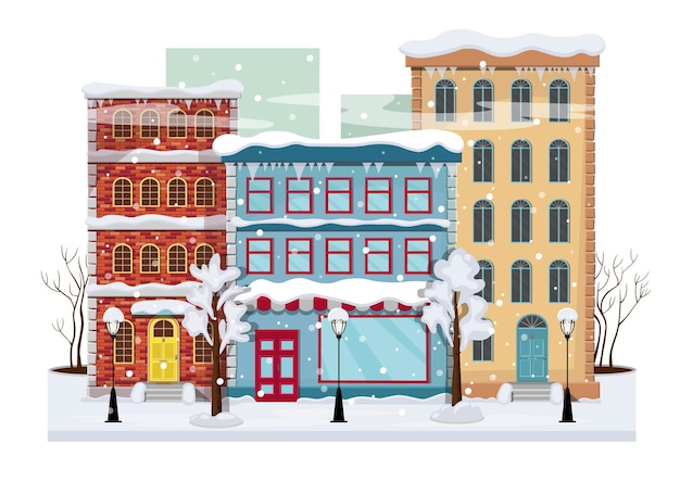 Vector panorama of a winter city with trees in the snow, houses, lanterns, road.