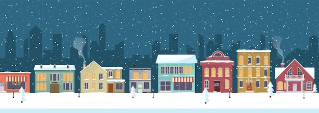 Panorama of winter urban landscape snowy night in a cozy city winter christmas village night landscape