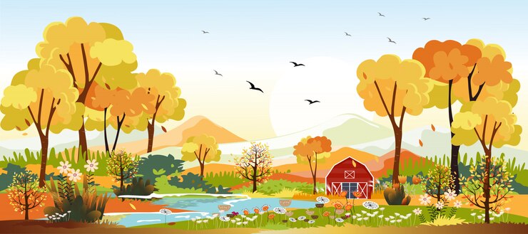 Vector panoramalandschappen van het platteland in de herfst. panoramisch van de medio herfst met boerderij in geel gebladerte. wonderland landschap in de herfst.