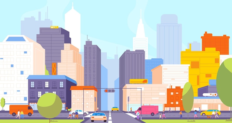 Vector パノラマ都市交差点シティストリート移動道路シーンダウンタウンのパノラマ道路ジャンクションオフィスビルの外のタウンハウススカイライン背景ベクトル都市パノラマダウンタウンのイラスト