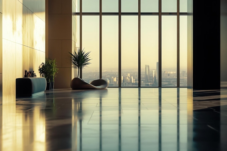 Vector panoramic city view from indoor infinity pool