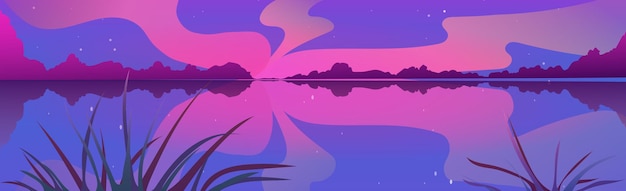 Panoramic evening landscape, wide river with reeds - Vector