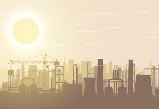 Vector panoramic industrial silhouette landscape. smoking factory pipes. plant pipes, sky with sun. carbon dioxide emissions. environment contamination. pollution of environment co2. vector illustration