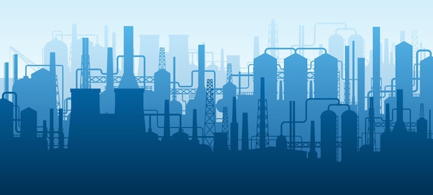 Vector panoramic industrial silhouette oil industry factory buildings refinery complex with pipes and tanks landscape background vector illustration