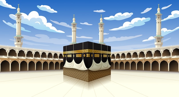 Panoramic of Kaaba for hajj steps in Al-Haram Mosque Mecca Saudi Arabia, illustration on blue sky with clouds - Eid Adha Mubarak