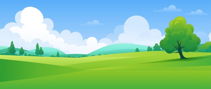 Vector a panoramic landscape featuring a green valley with trees meadows and hills under a blue sky
