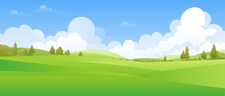Vector a panoramic landscape featuring a green valley with trees meadows and hills under a blue sky