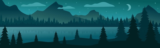 Панорамный горный вечерний пейзаж на фоне густого леса - векторная иллюстрация