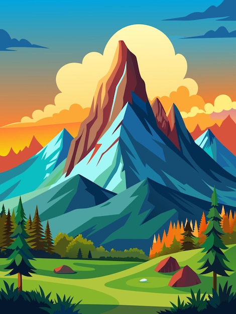 Vector panoramic mountain landscape with a clear blue sky and rolling green hills