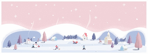 ピンクのパステルカラーの冬のワンダーランドのパノラマベクトルイラスト。雪のクリスマスの日にかわいい小さな村。子供、雪だるま、雪だるま。最小限の冬の風景。