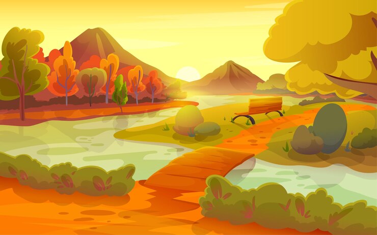 Vector panoramic view of autumn village with stream and mountains