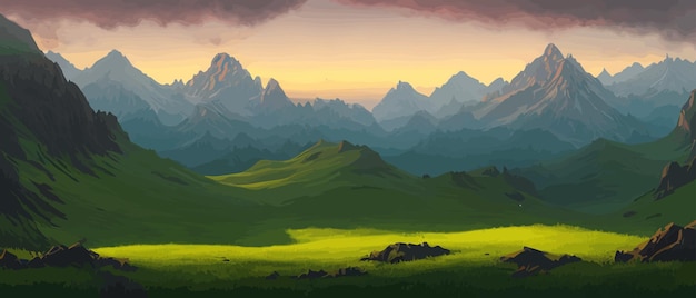 Panoramic view of big mountains beautiful green meadows flat cartoon landscape with nature summer or