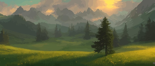 Панорамный вид на большие горы красивые зеленые луга плоский мультфильм пейзаж с природой летом или