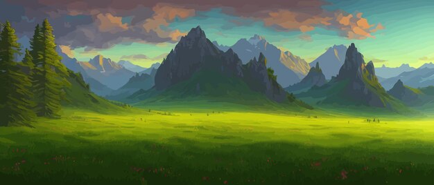 Panoramic view of big mountains beautiful green meadows flat cartoon landscape with nature summer or