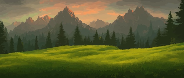 Panoramic view of big mountains beautiful green meadows flat cartoon landscape with nature summer or