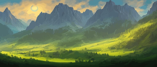 Vista panoramica di grandi montagne bellissimi prati verdi pianeggiante paesaggio cartone animato con la natura estate o