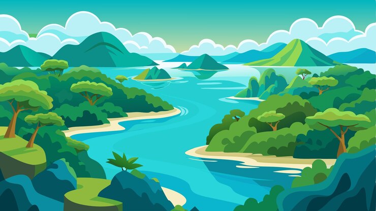 Vector a panoramic view of the coastline with a mosaic of small islands covered in dense mangrove forests