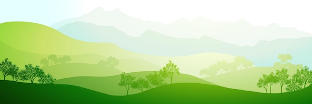 Panoramic view of green hills and mountains on sunny morning