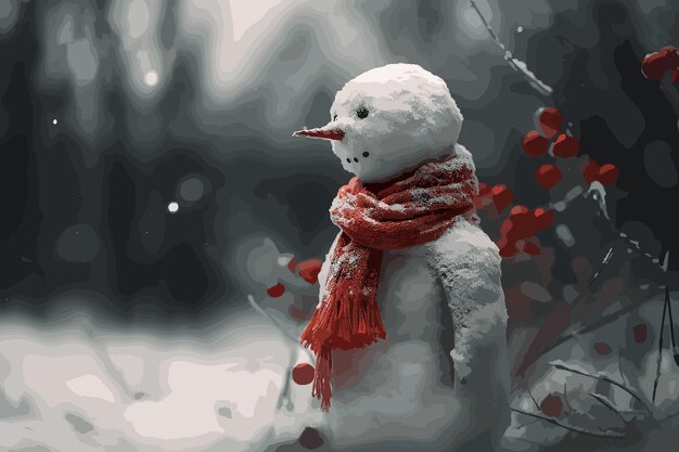 Vector panoramic view of happy snowman in winter scenery with copy spacecute snowman snow fall background