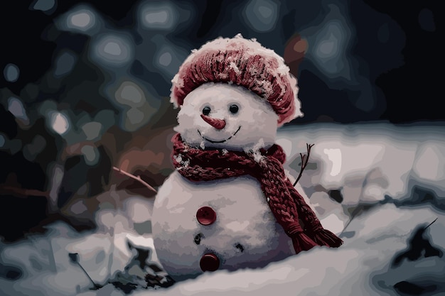 Panoramic view of happy snowman in winter scenery with copy spacecute snowman with cold snow fall